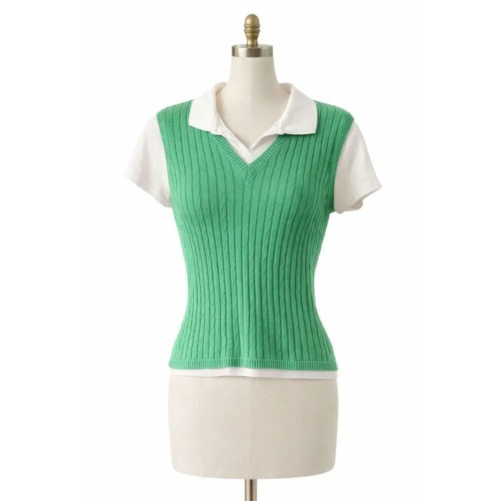 Coral Bay Golf Petites Collared Pullover Top Medium Petite Green White Vintage